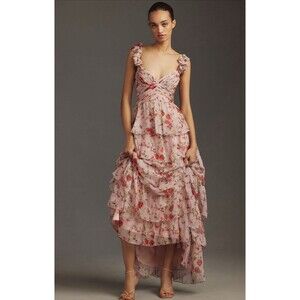 Anthropologie Mac Duggal Maxi Dress Tiered Pink Floral Formal Preppy Size 10 NWT